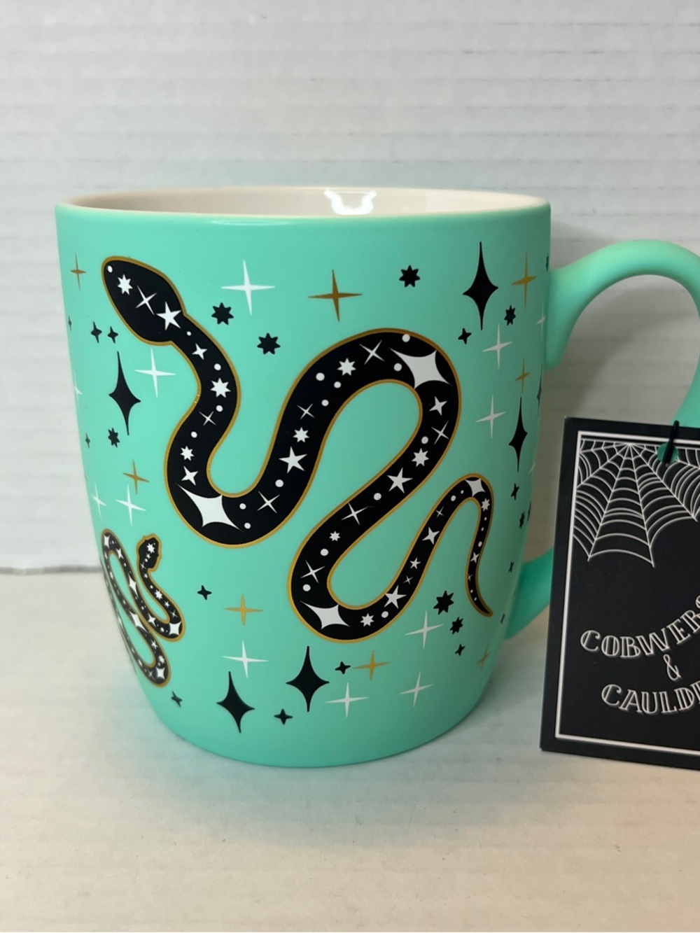 Cobwebs & Cauldrons Halloween Mint Green Snake Gold White Ceramic Mug New